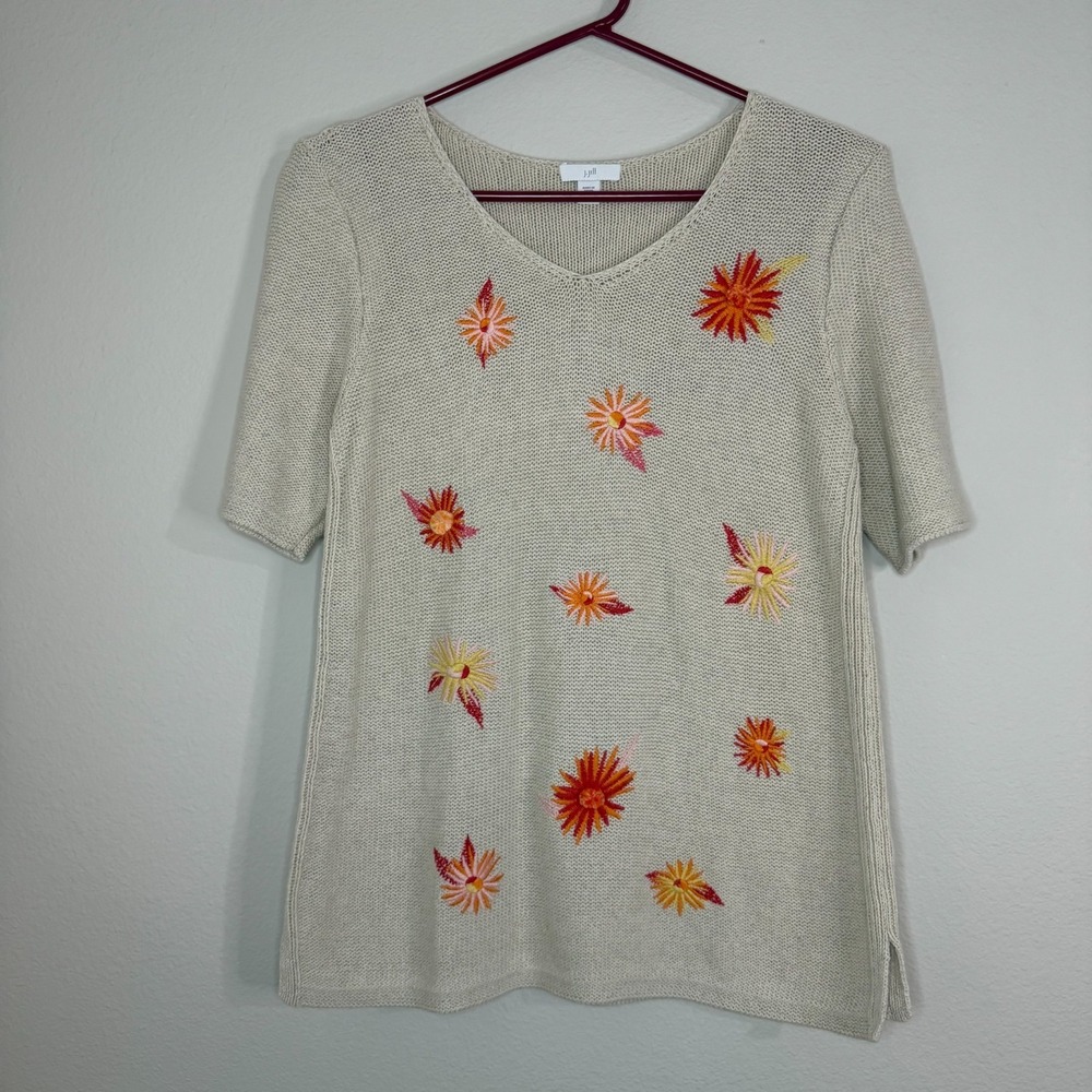 J Jill Sweater Womens XSP‎ Embroidered Floral Pullover Linen Cotton Blend Boho